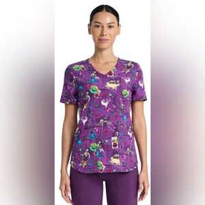 Disney The Nightmare Before Christmas Skellington Women's V-Neck Print Scrub Top